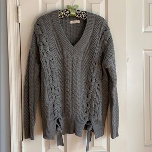 Lace Up Sweater Cutout Cable Knit Oversized Gray